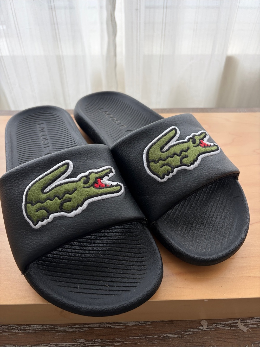 Lacoste Black Slide Sandals with Green Croc Patch